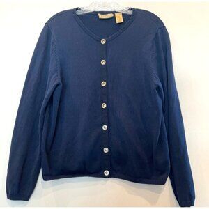 Boutique Essentials Navy Blue Silk Blend Snap Closure Cardigan Large Classic